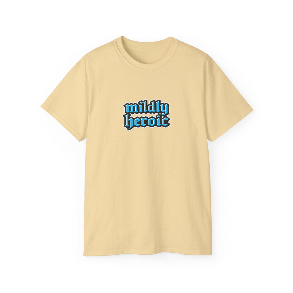 yellow t-shirt with 'mildly heroic' text on a white background