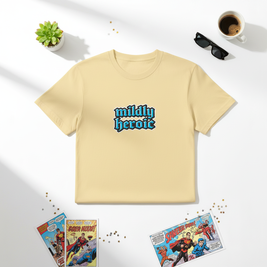yellow t-shirt with 'mildly heroic' text on a white background