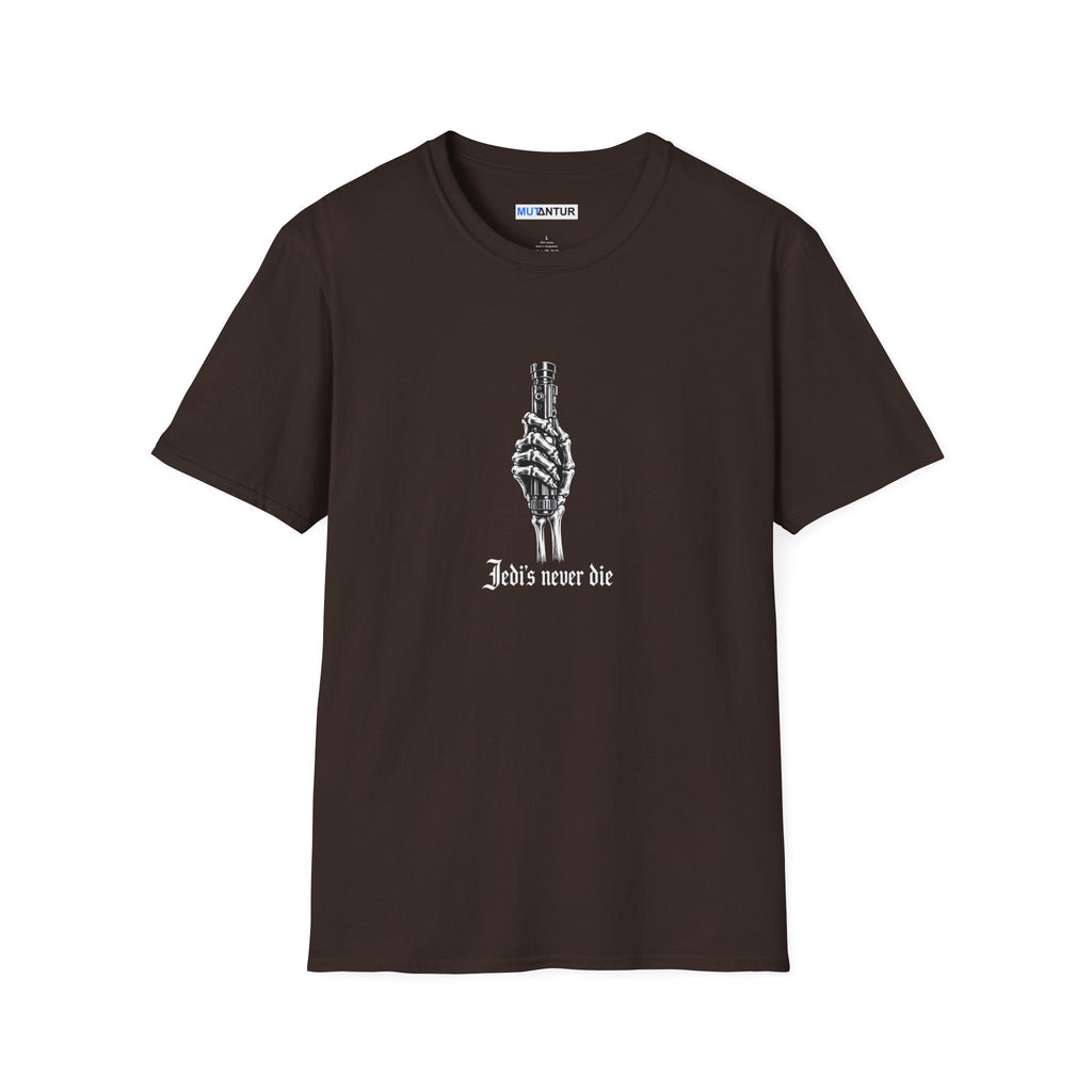 Bown T-shirt depicting a skeleton hand holding a Light Saber hilt with the words Jedis Never Die