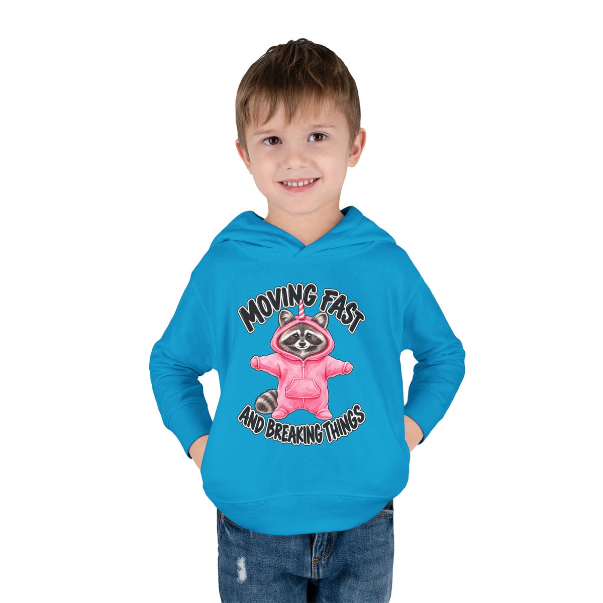 Toddler Hoodie — "Moving Fast and Breaking Things" Pink Raccoon Pullover