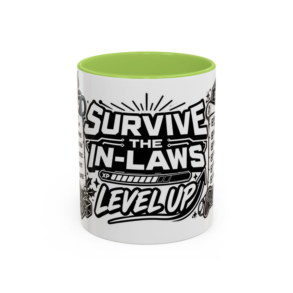 Survive the In-Laws Level Up Coffee Mug — Funny Gamer Checklist Accent Mug