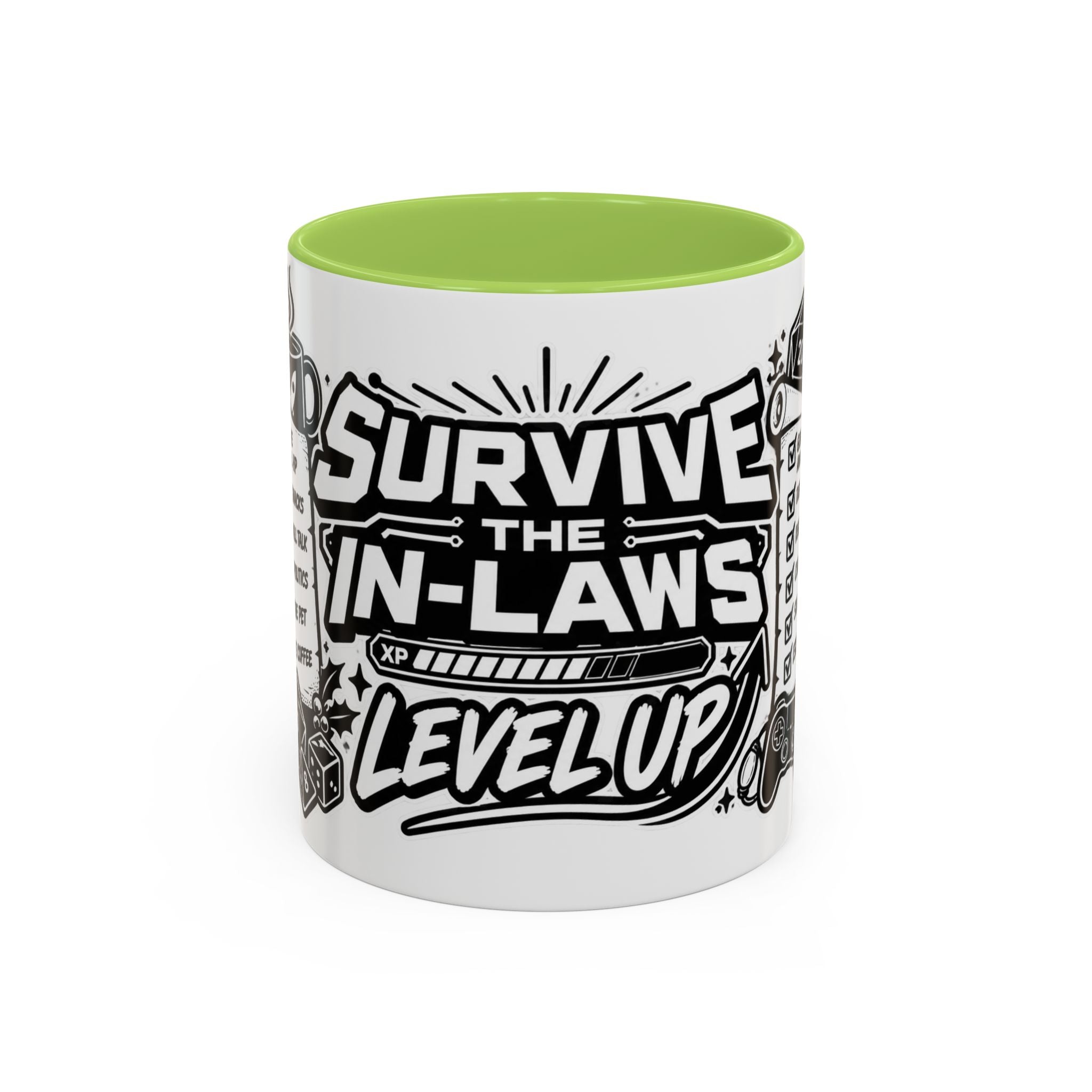 Survive the In-Laws Level Up Coffee Mug — Funny Gamer Checklist Accent Mug