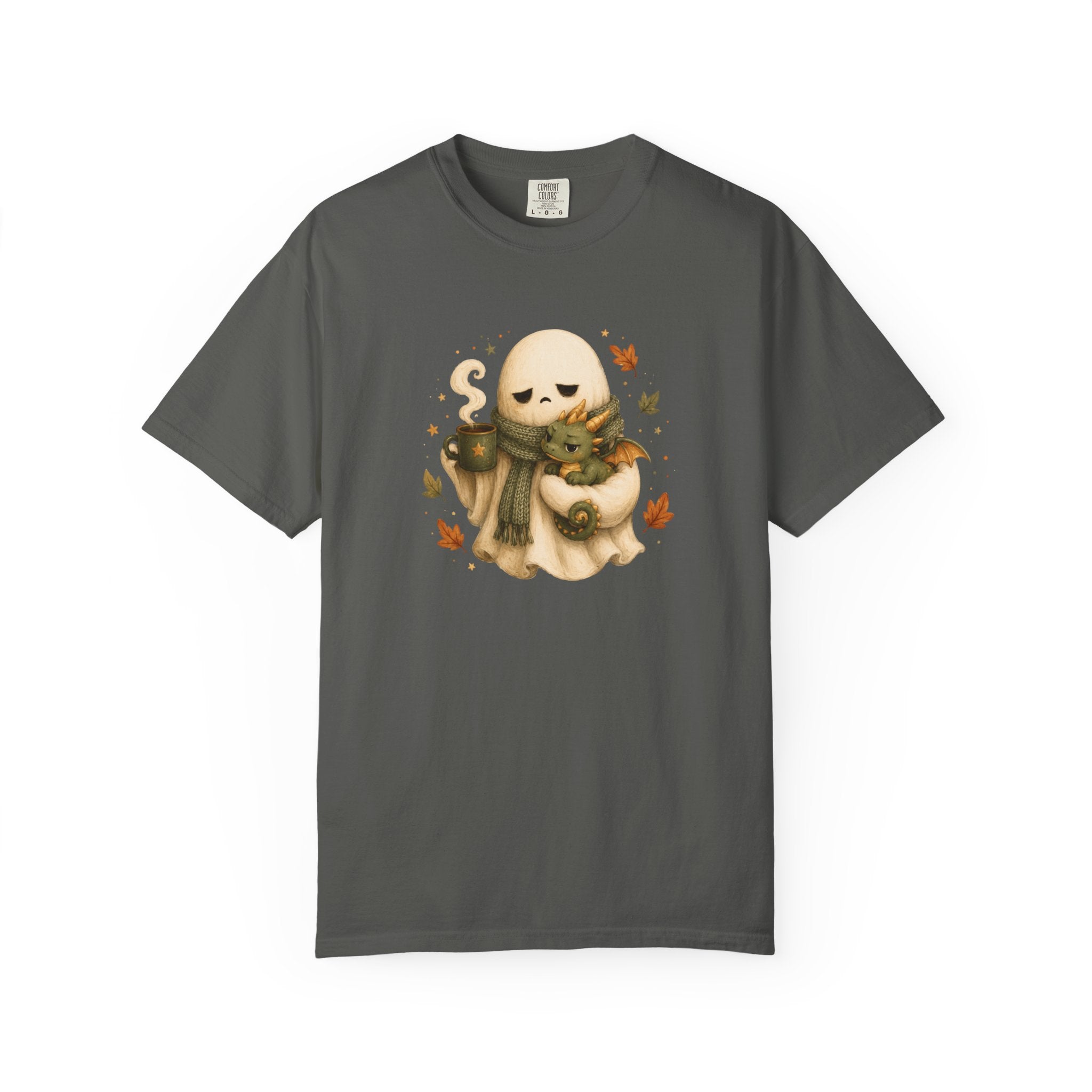 A dark gray short-sleeve crewneck t-shirt featuring a central graphic of a cute cartoon ghost wearing a green scarf and holding a small dragon
amidst autumn leaves.