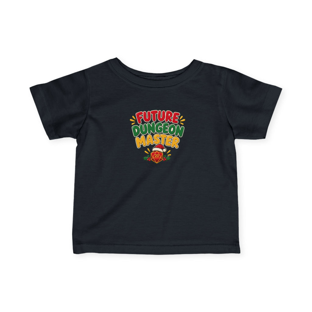 A toddler's black short-sleeve t-shirt with a colorful graphic on the chest that reads 'FUTURE DUNGEON MASTER' in red, green, and yellow letters, with a small Santa hat and D20 below, shown on a plain white background.