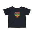 A toddler's black short-sleeve t-shirt with a colorful graphic on the chest that reads 'FUTURE DUNGEON MASTER' in red, green, and yellow letters, with a small Santa hat and D20 below, shown on a plain white background.