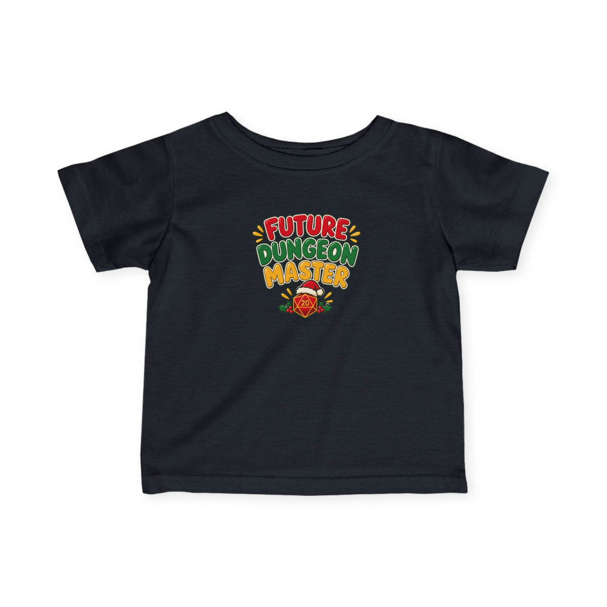 A toddler's black short-sleeve t-shirt with a colorful graphic on the chest that reads 'FUTURE DUNGEON MASTER' in red, green, and yellow letters, with a small Santa hat and D20 below, shown on a plain white background.