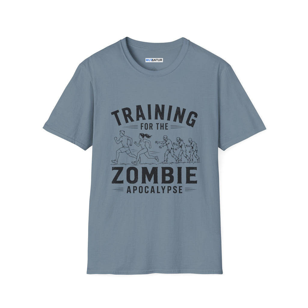 Blue short sleeved t shirt with the words Training for the zombie apocalypse with a funny line drawing of runners escaping zombies