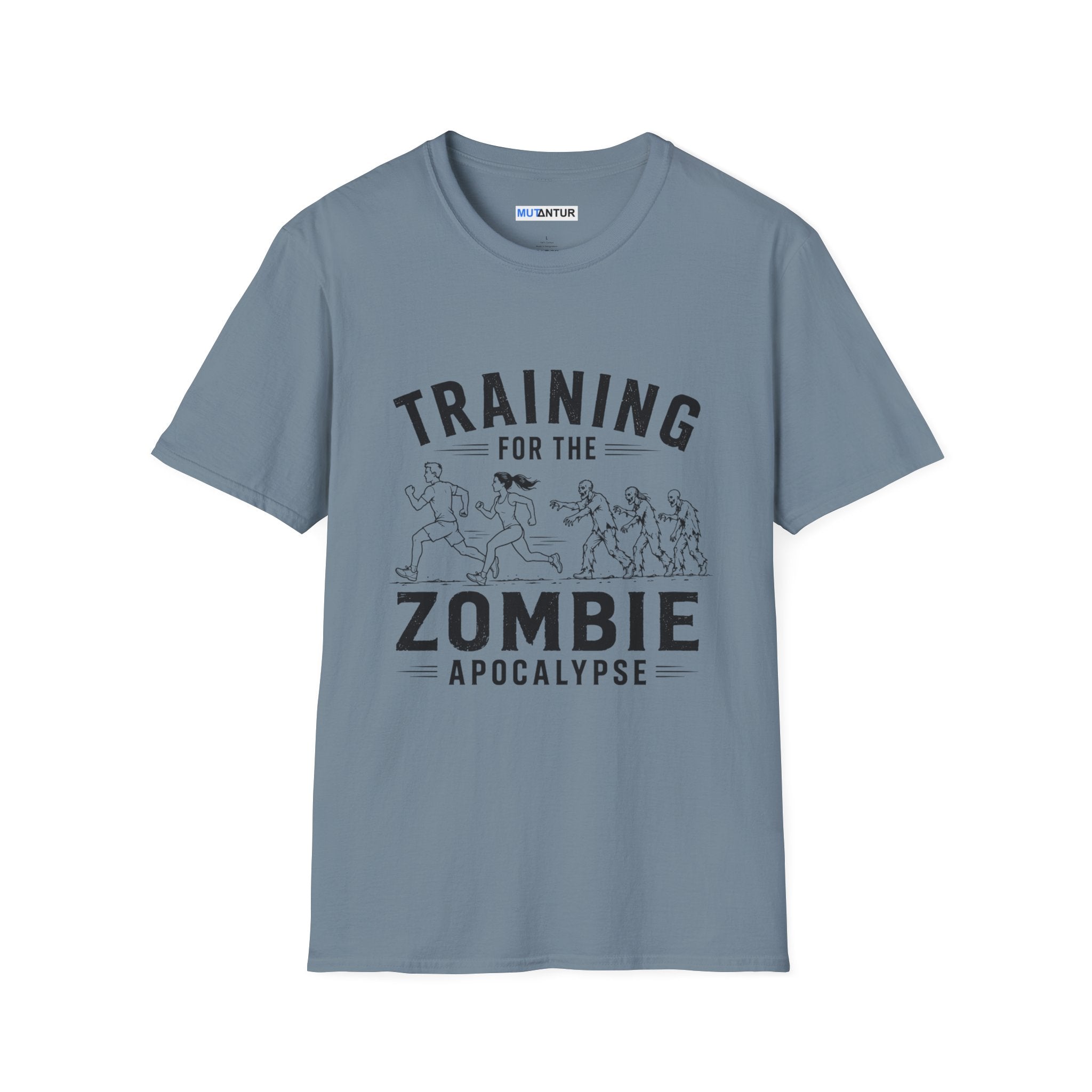 Blue short sleeved t shirt with the words Training for the zombie apocalypse with a funny line drawing of runners escaping zombies