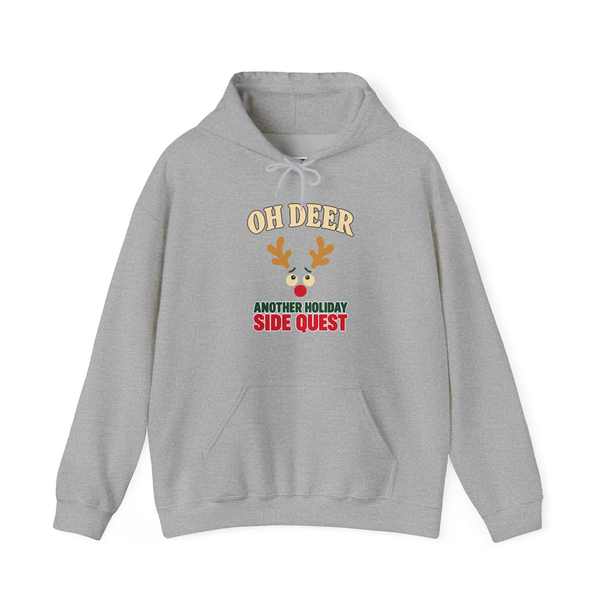 A gray hoodie with a graphic on the chest. The graphic features the text 'OH DEER' in a beige arched font above a cartoon reindeer face with gold antlers and a red nose, followed by the text 'ANOTHER HOLIDAY SIDE QUEST' in green and red.