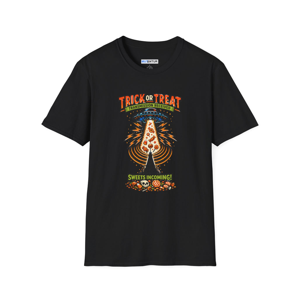A black  t-shirt featuring a colorful graphic print on the front. The graphic shows a UFO Beaming up candy flying upward from a haunted house under the text 'TRICK OR TREAT' and 'SWEETS COMING !', with a small 'MUTANTUR brand label visible inside the collar.