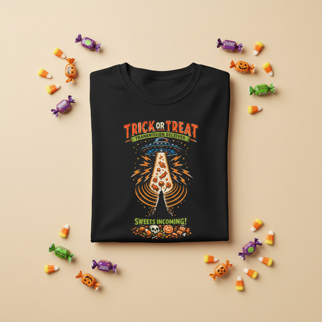 A black  t-shirt featuring a colorful graphic print on the front. The graphic shows a UFO Beaming up candy flying upward from a haunted house under the text 'TRICK OR TREAT' and 'SWEETS COMING !', with a small 'MUTANTUR brand label visible inside the collar.