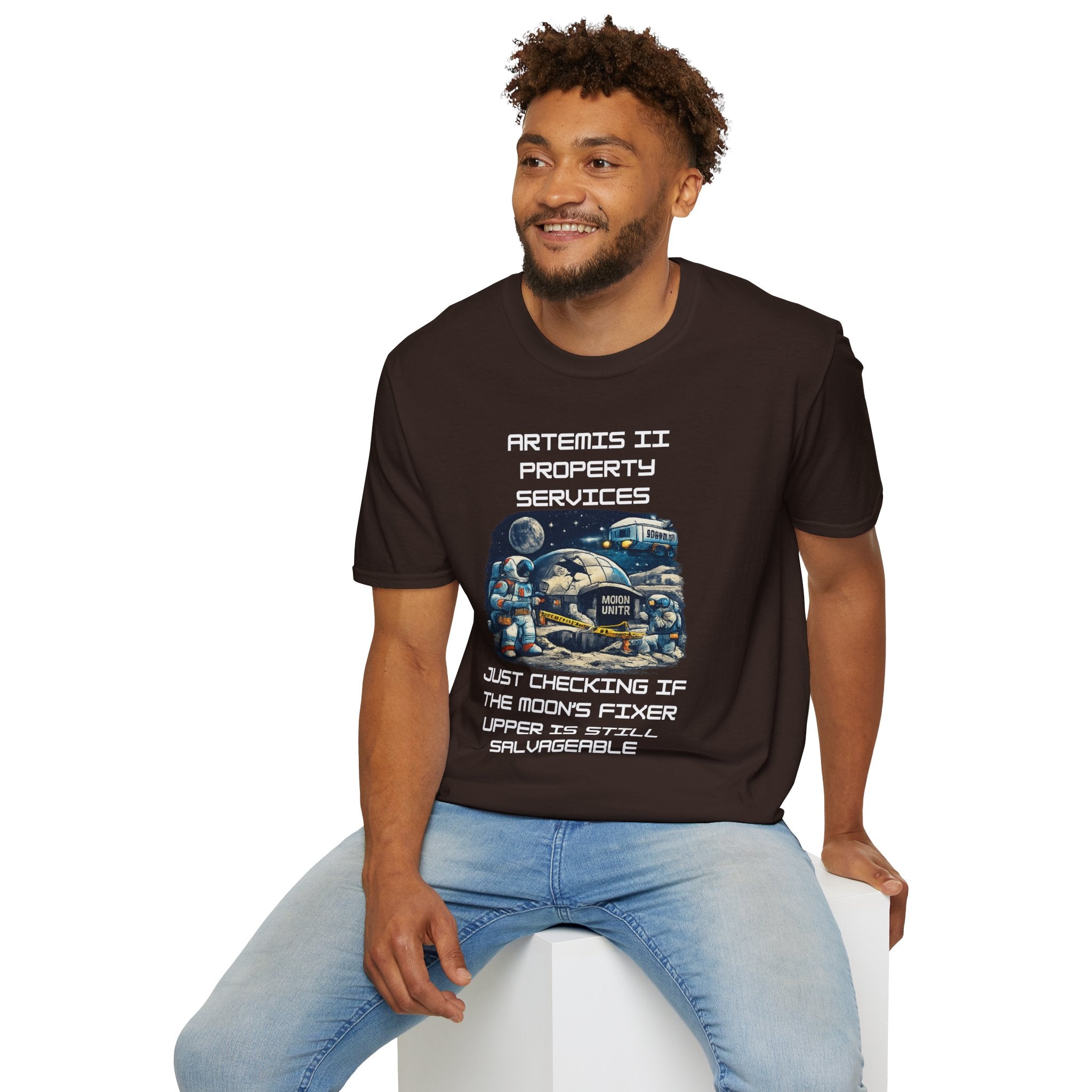 Moonbase Property Services T-Shirt — 'Artemis II Property Services' Space Repair Crew funny Tee - Mutantur Labs LLC