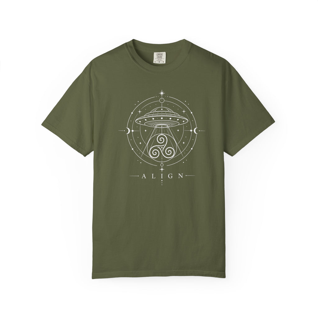 Military Green t-shirt with a white line design of a flying saucer with an Irisk triskele below and the words ' ALIGN' against a white background