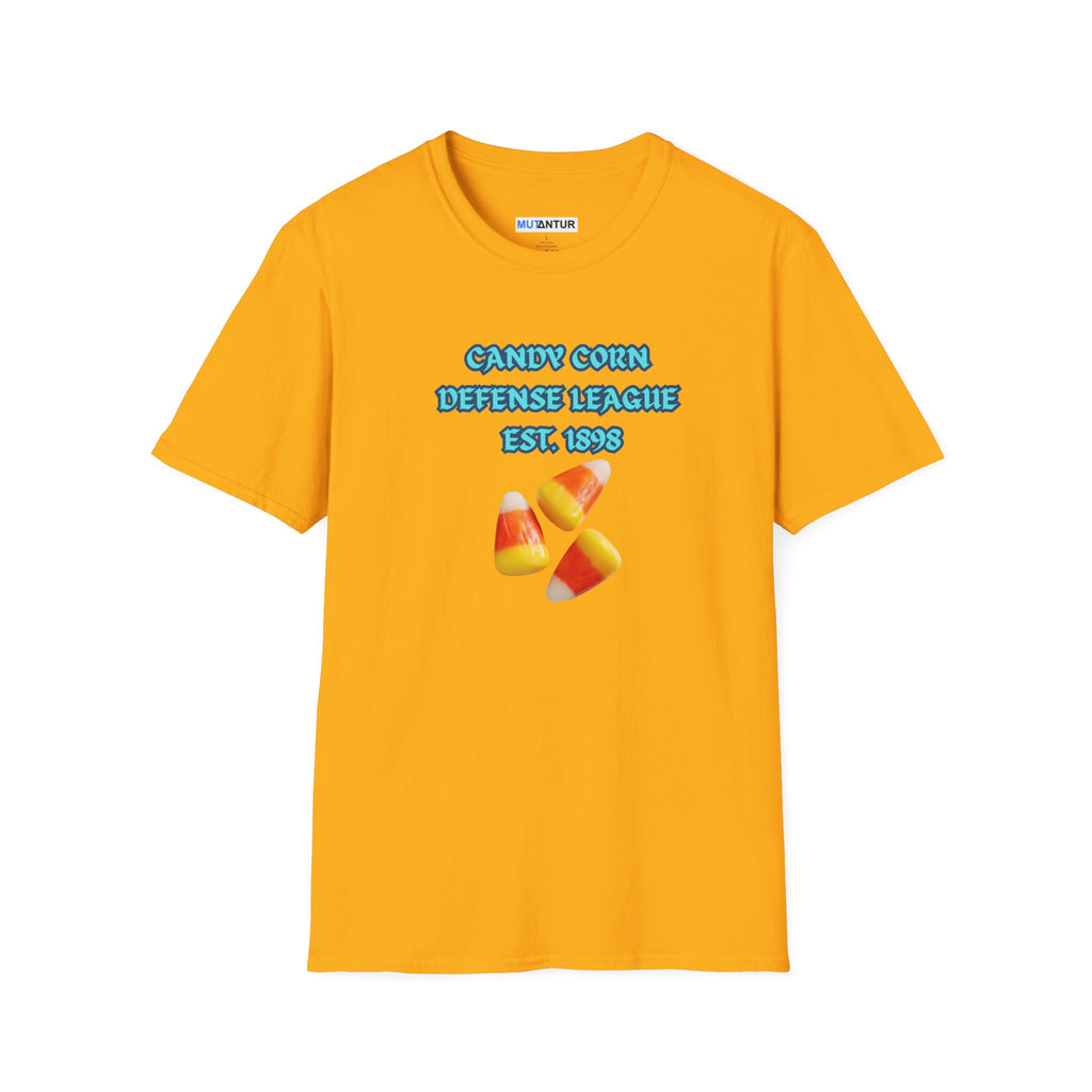 A yellow short-sleeve t-shirt with a graphic on the chest that reads 'CANDY CORN DEFENSE LEAGUE EST. 1998' in blue text above three candy corn illustrations, shown on a plain white background.