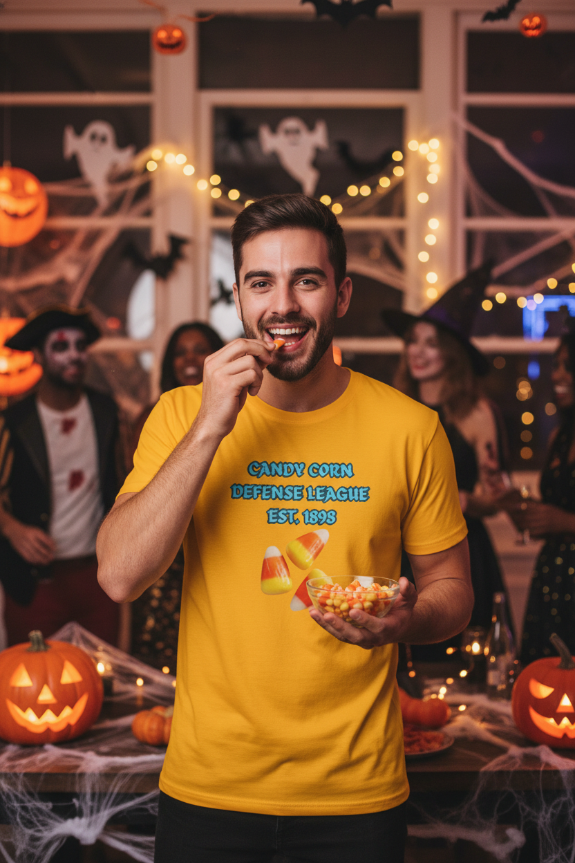 A man wearing a bright yellow graphic t-shirt with 'CANDY CORN DEFENSE LEAGUE EST 1978' printed on the front, holding a bag of candy corn in a Halloween-themed room decorated with jack-o'-lanterns and string lights.