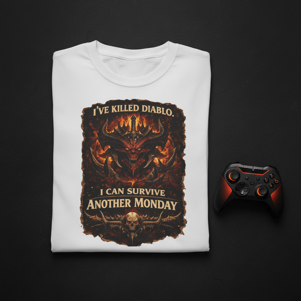 White t-shirt with 'I've Killed Diablo, I Can Survive Another Monday' demon graphic, folded and styled with a game controller