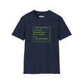 Blue short sleeved t shirt with a Computer graphic Design Loading Core Directives All Systems normal in neon green