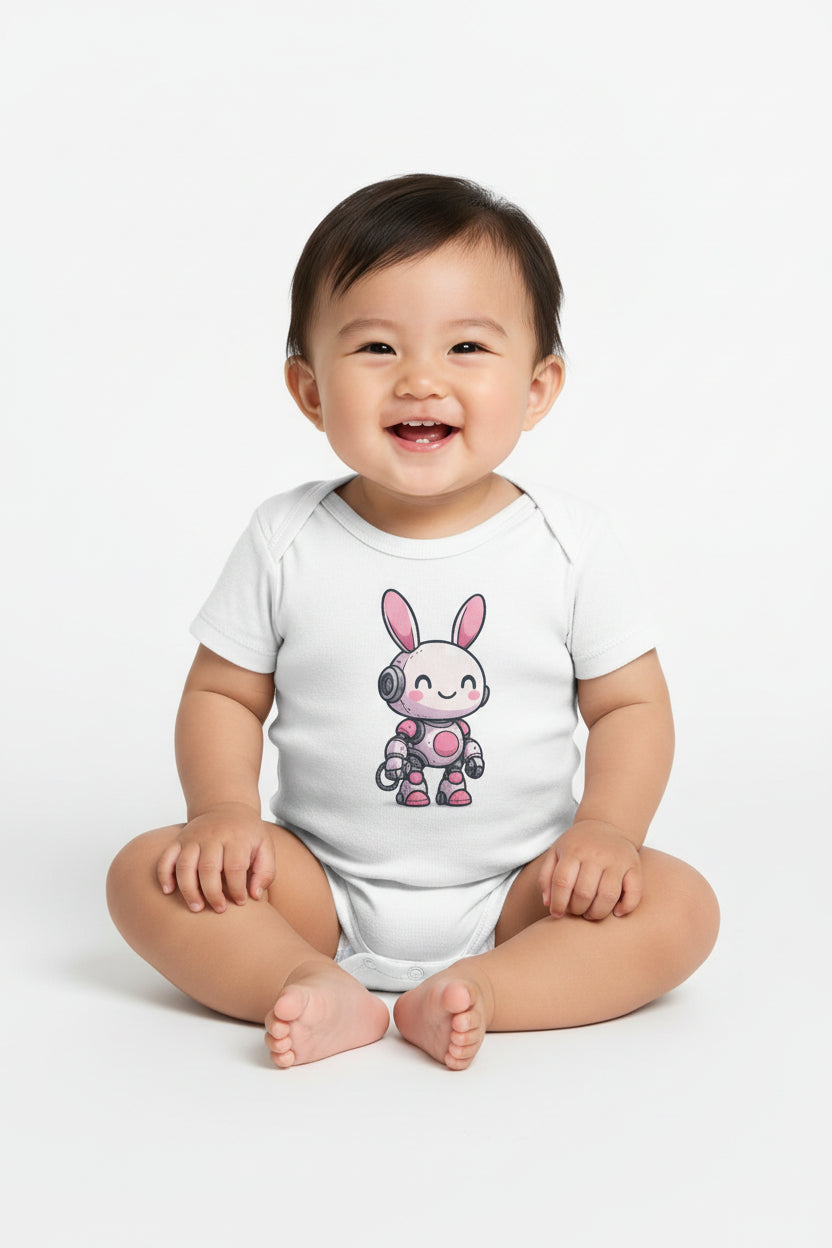 Happy Pink Robot Bunny Infant Bodysuit – Gentle Sci-Fi Baby One-Piece - Mutantur Labs LLC