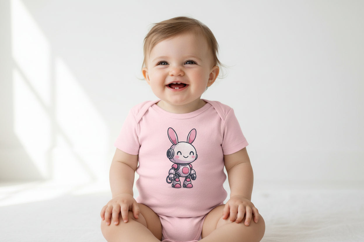 Happy Pink Robot Bunny Infant Bodysuit – Gentle Sci-Fi Baby One-Piece - Mutantur Labs LLC