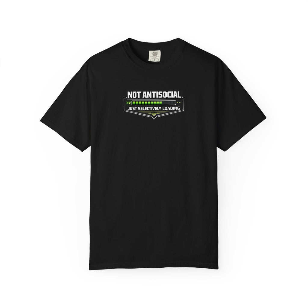 A black short-sleeve crewneck t-shirt in khaki beige, featuring a graphic on the chest that reads 'NOT ANTISOCIAL' above a progress bar with green checkmarks and the text 'JUST SELECTIVELY LEARNING' below,