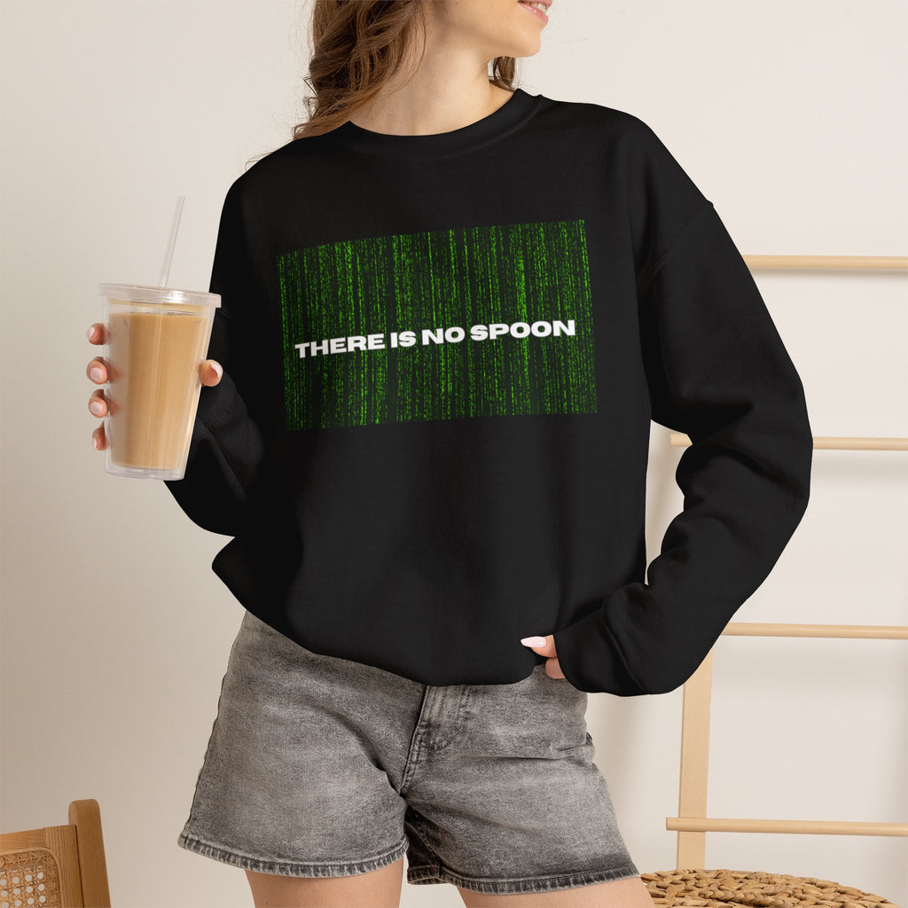 There Is No Spoon Matrix-inspired graphic crewneck sweatshirt, flat lay