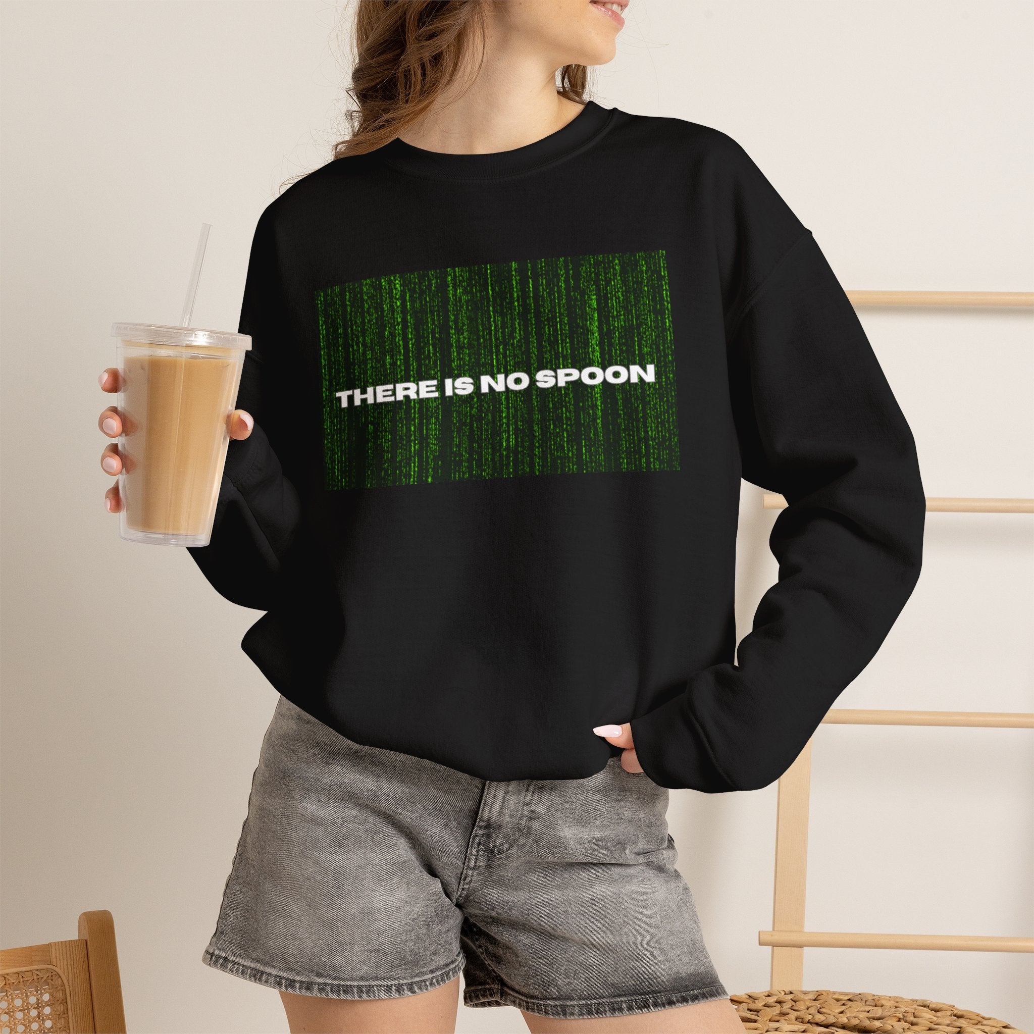 There Is No Spoon Matrix-inspired graphic crewneck sweatshirt, flat lay