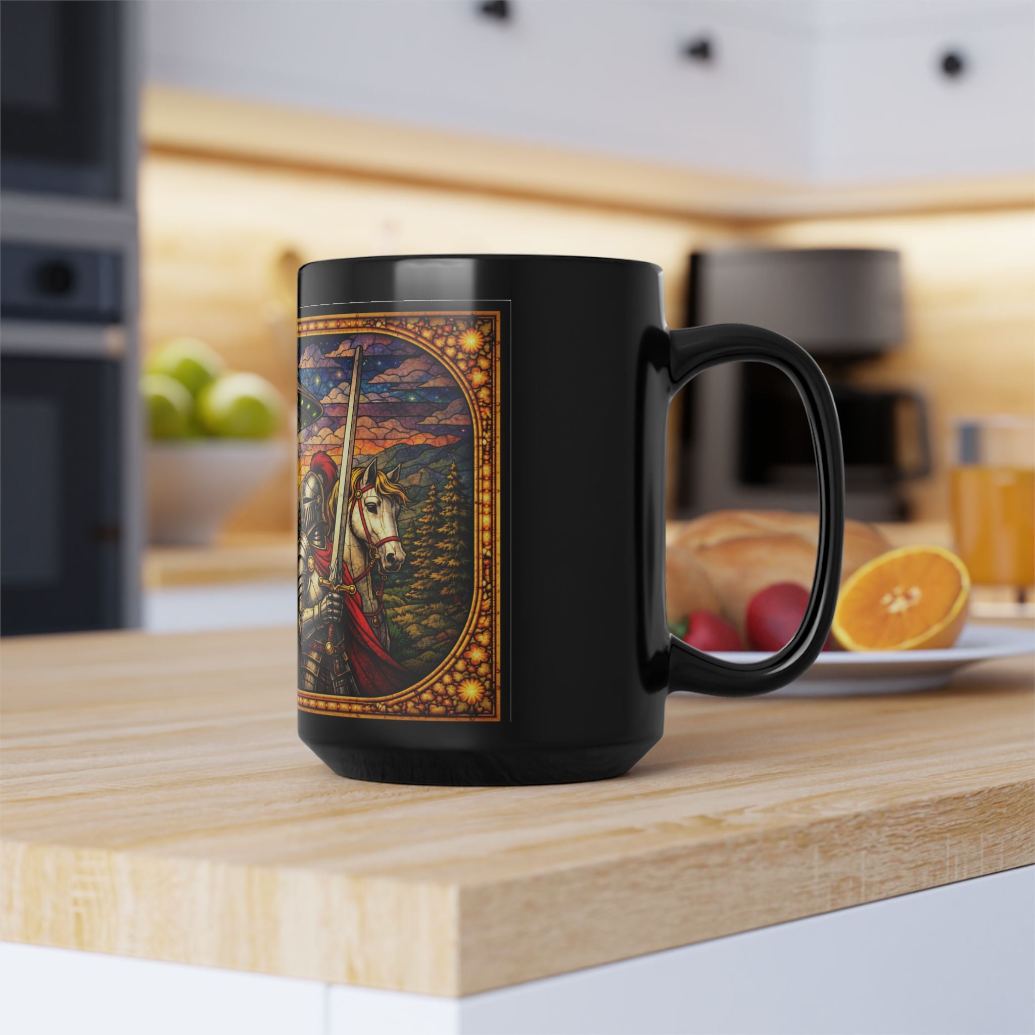 Fantasy Dragon Mug with Medieval Knight & UFO — Black 15 oz Ceramic Coffee Cup - Mutantur Labs LLC