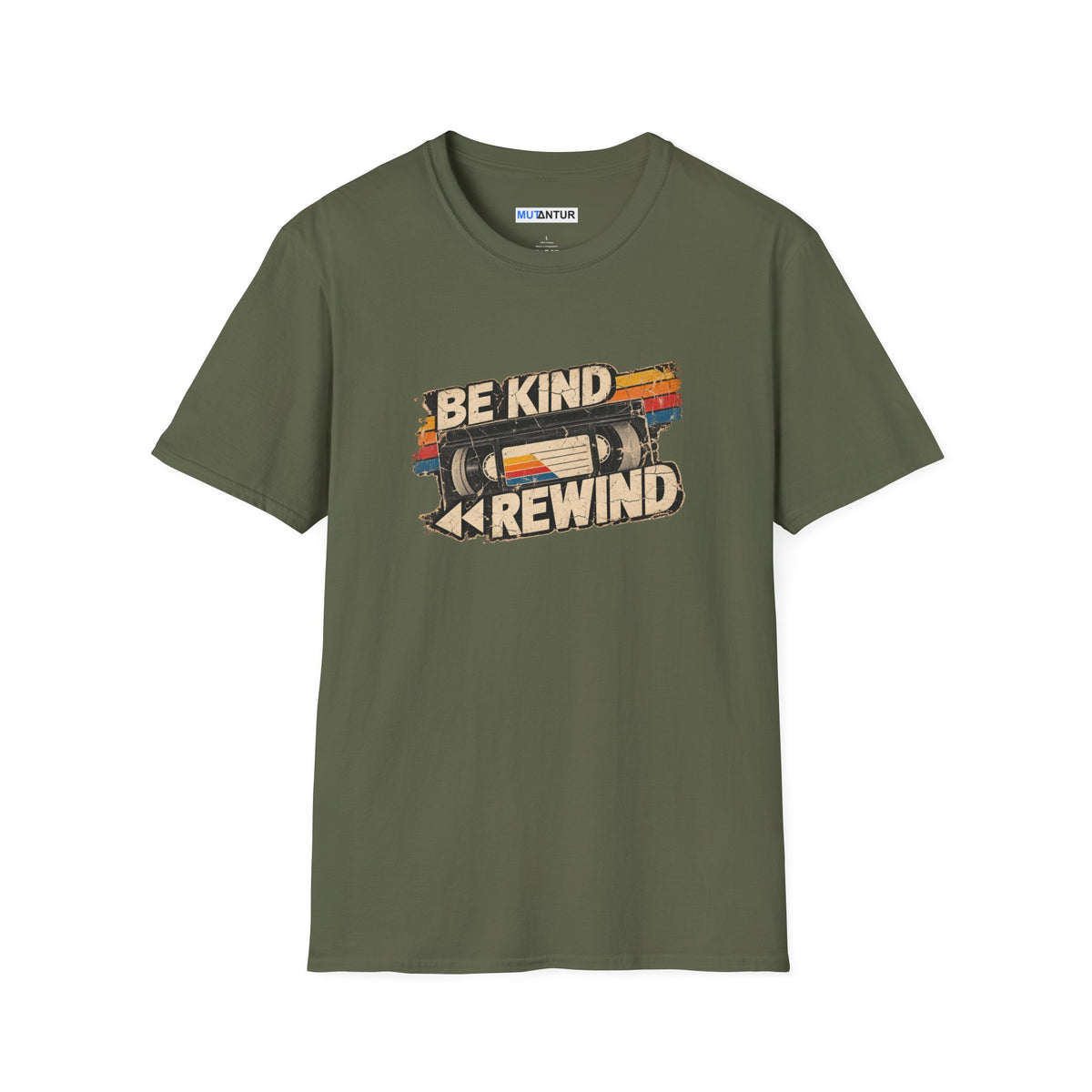 A military green short-sleeve t-shirt with a retro-style graphic on the chest featuring a VHS tape and the text 'BE KIND REWIND'. The shirt is displayed flat against a solid white background.