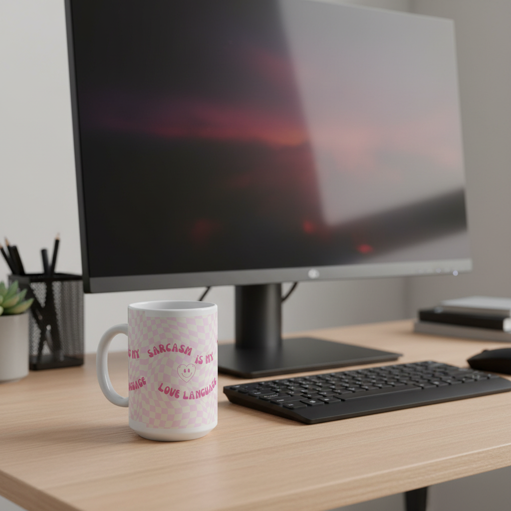 Sarcasm Is My Love Language pink checkerboard mug, side view