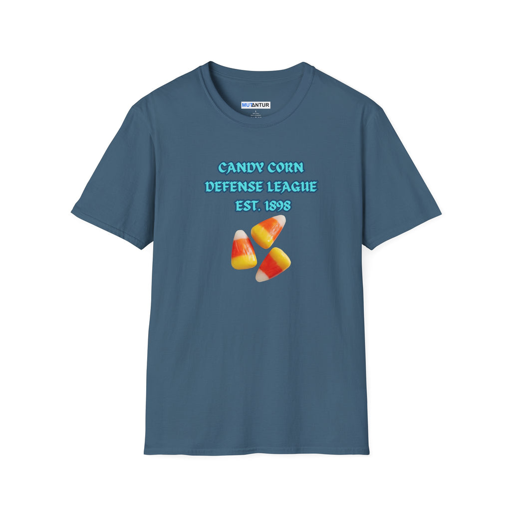 A slate blue crewneck t-shirt featuring a graphic print that reads 'CANDY CORN DEFENSE LEAGUE EST. 1898' in light blue text above three candy corn illustrations, displayed on a clean white background.