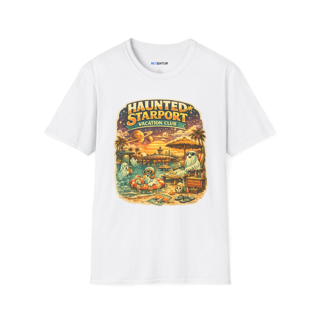 Haunted Starport Vacation Club T-Shirt – Funny Retro Sci-Fi Summerween Tee - Mutantur Labs LLC