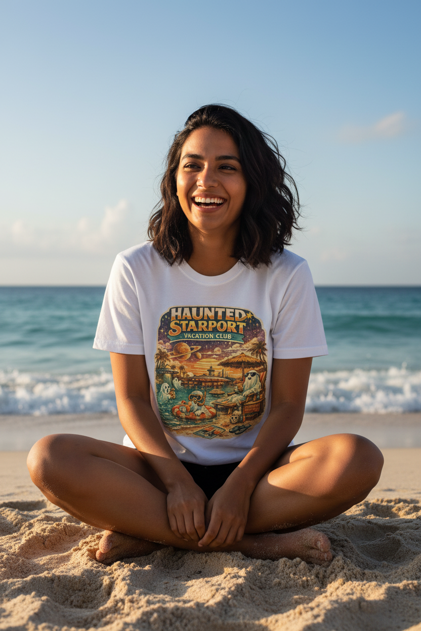 Haunted Starport Vacation Club T-Shirt – Funny Retro Sci-Fi Summerween Tee - Mutantur Labs LLC
