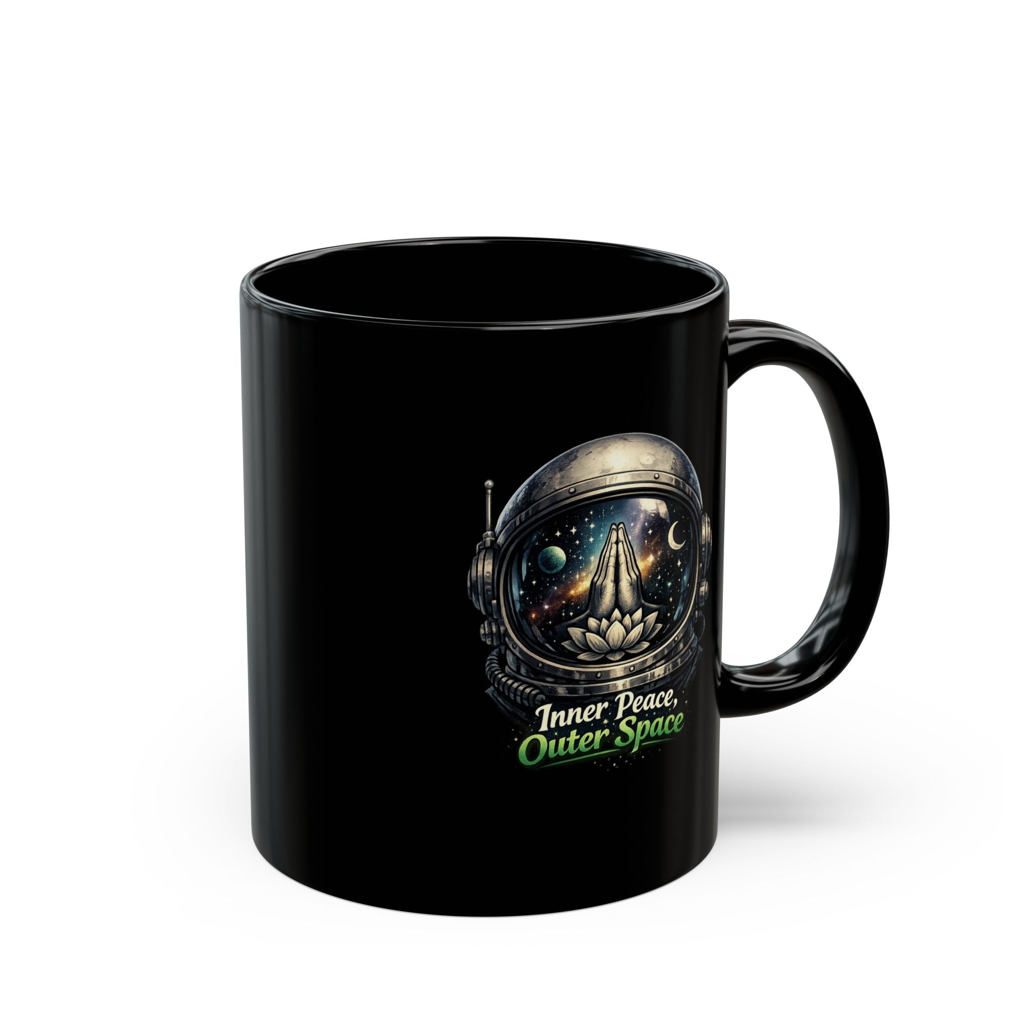 Inner Peace, Outer Space Black Mug — Astronaut Helmet Lotus Coffee Cup 11oz