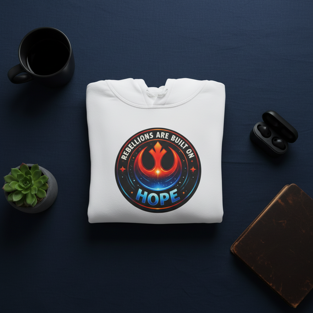 Rebellions Are Built on Hope rebel emblem graphic hoodie, back view
