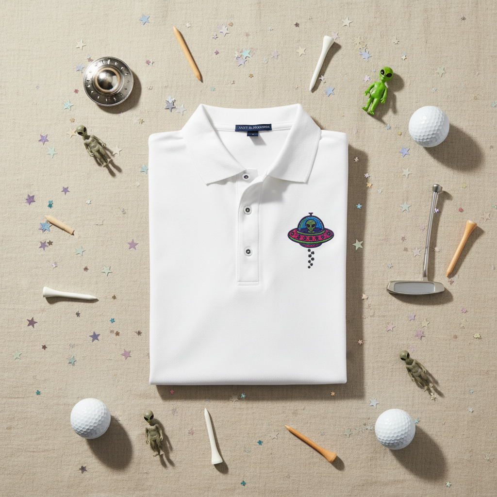 Colorful UFO embroidered polo shirt in white, folded flat lay styled with a golf ball, tees, putter, and small alien figurines