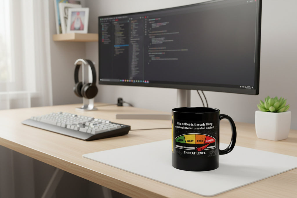 Coffee Threat Level Gauge Mug | Funny Black Ceramic Coffee Cup - Mutantur Labs LLC