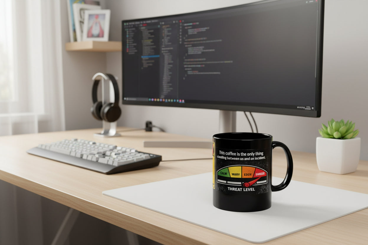 Coffee Threat Level Gauge Mug | Funny Black Ceramic Coffee Cup - Mutantur Labs LLC
