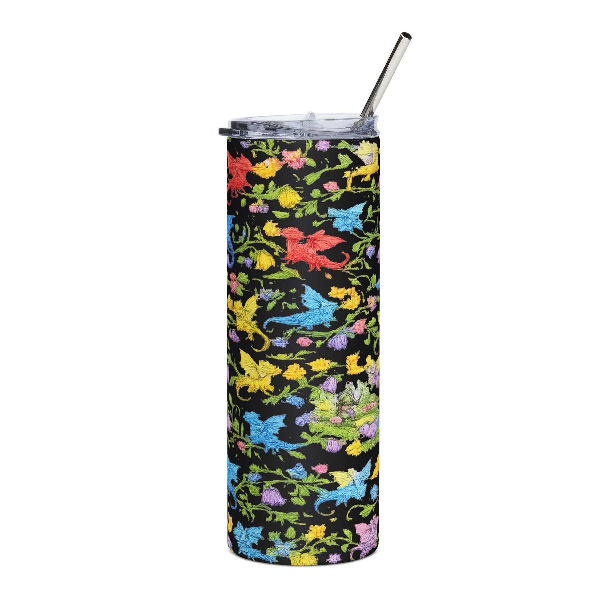 Floral Dragon 20oz Stainless Steel Tumbler — Fantasy Dragon Travel Cup with Vines, Flowers & Hidden Details - Mutantur Labs LLC