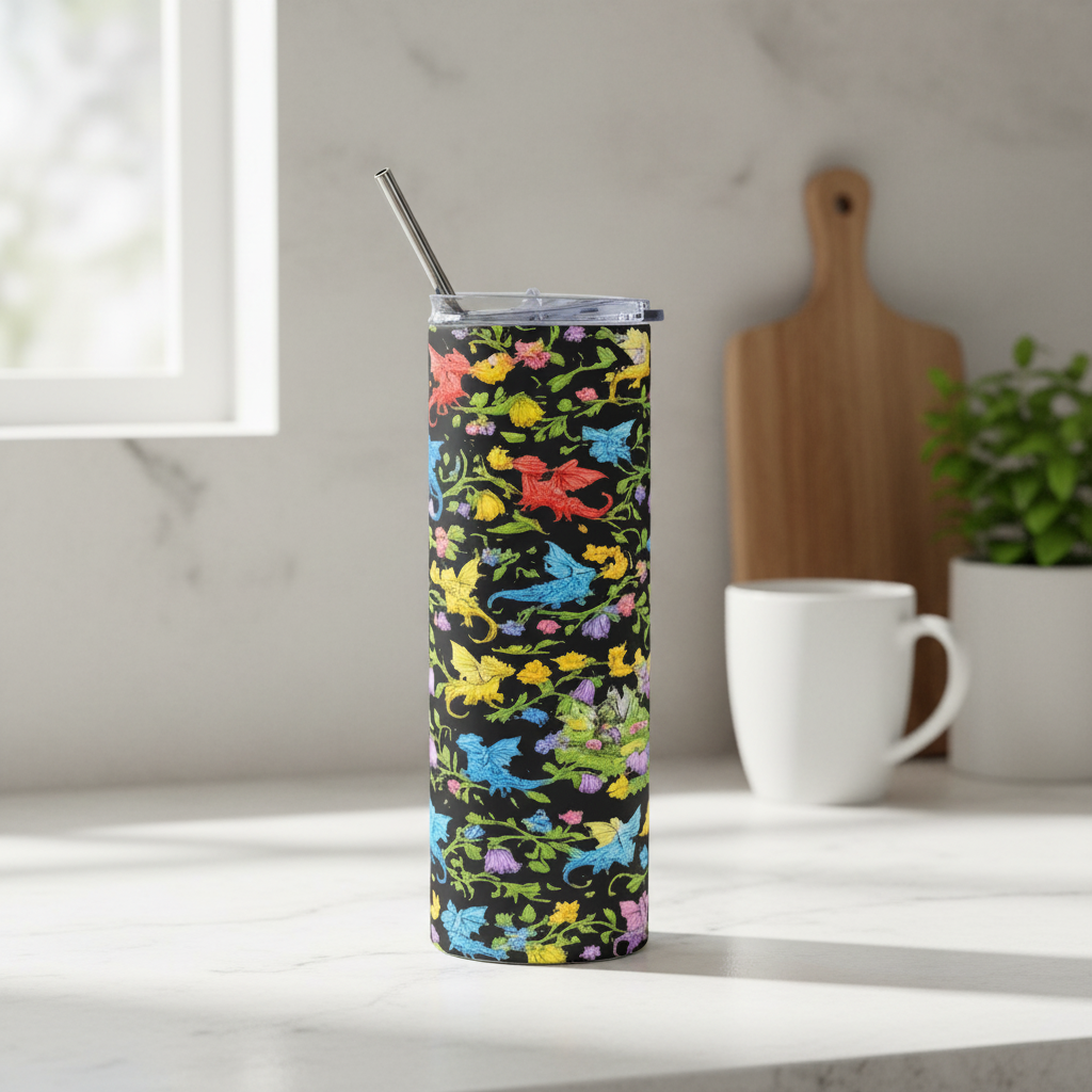 Floral Dragon 20oz Stainless Steel Tumbler — Fantasy Dragon Travel Cup with Vines, Flowers & Hidden Details - Mutantur Labs LLC