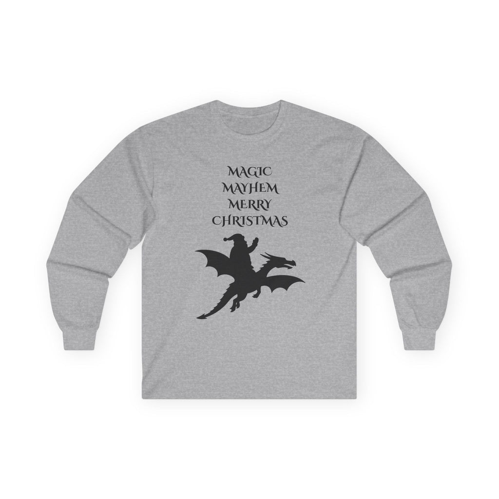 Magic Mayhem Merry Christmas Long Sleeve | Santa Dragon Silhouette Holiday Shirt
