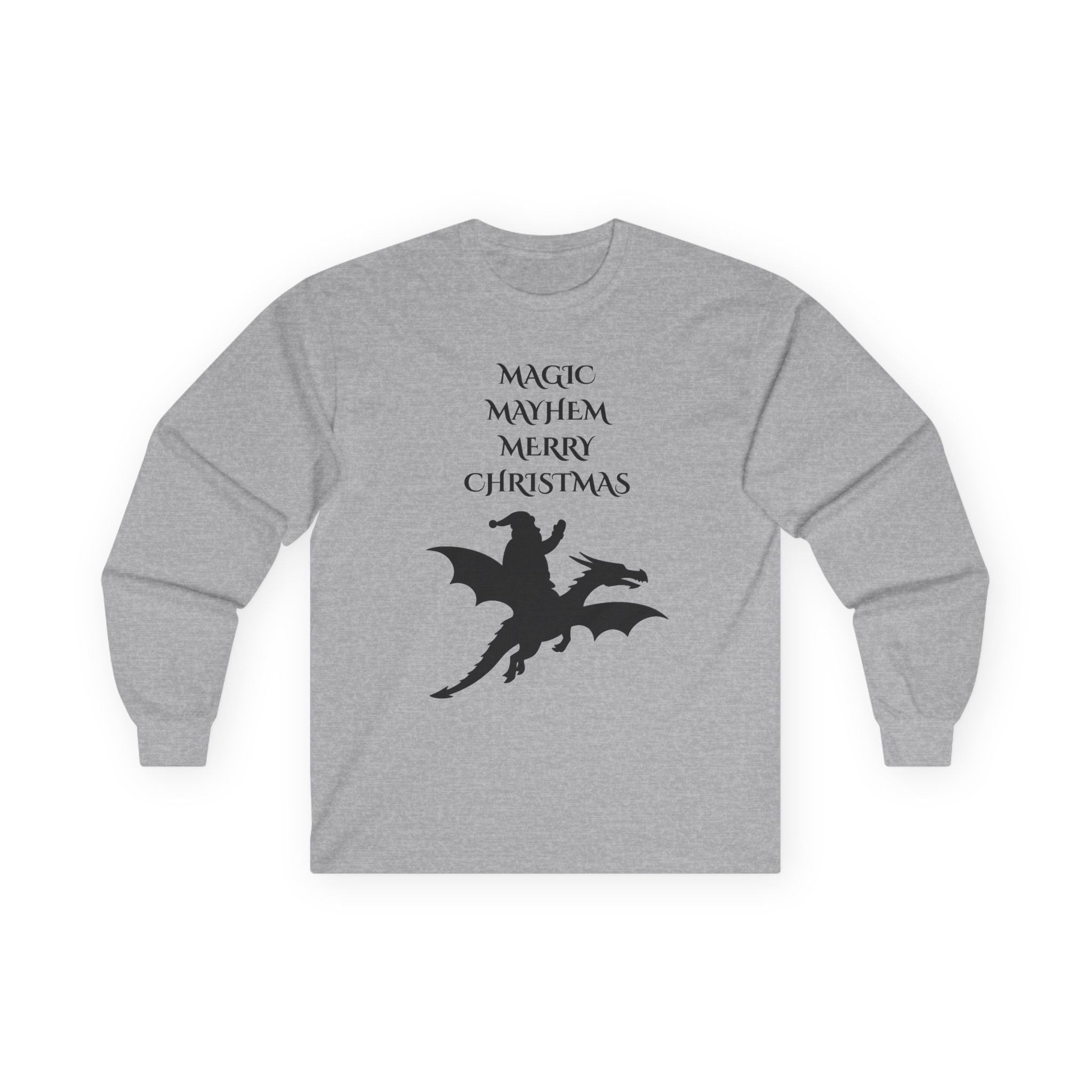 Magic Mayhem Merry Christmas Long Sleeve | Santa Dragon Silhouette Holiday Shirt