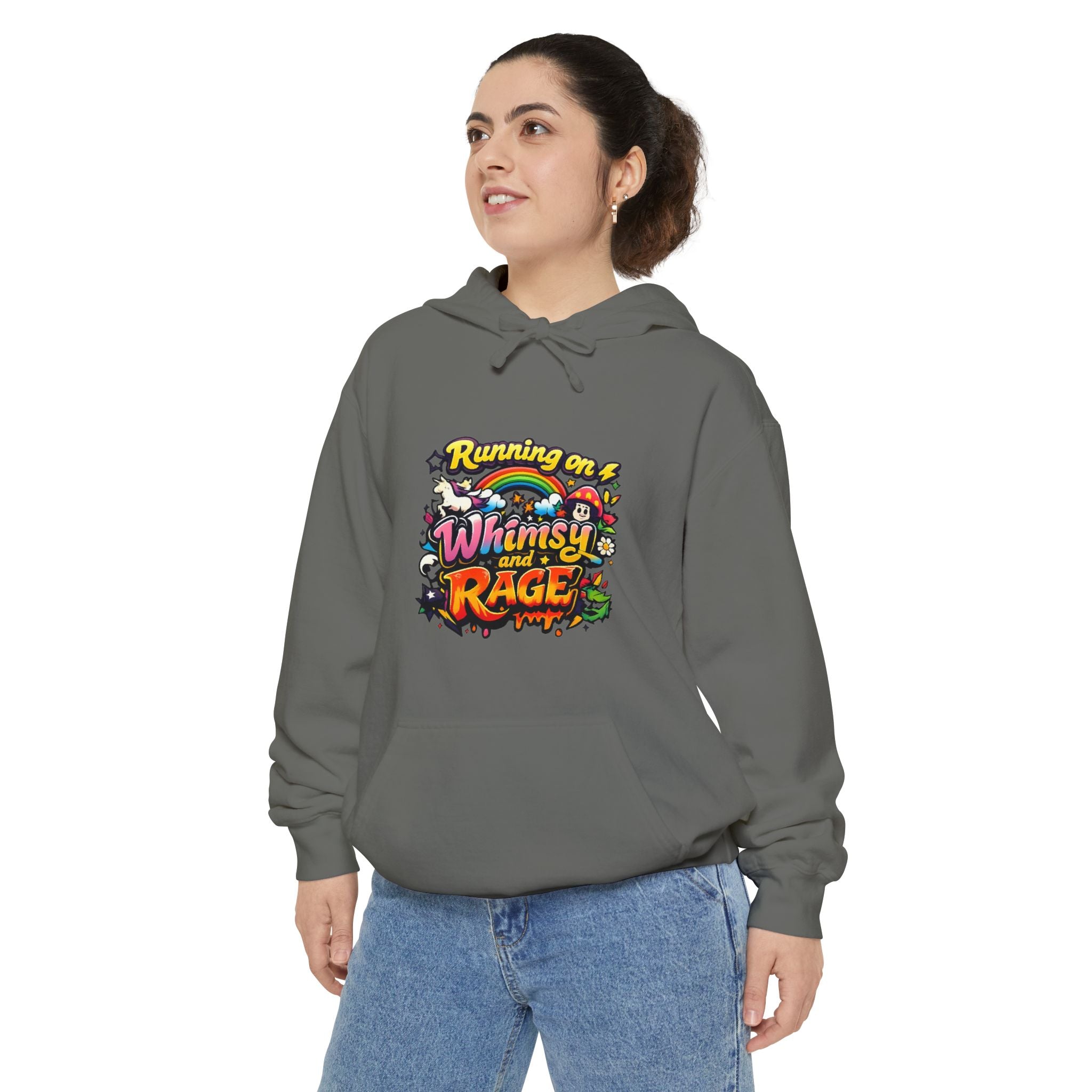 Hoodie — "Running on a Whimsy and Rage" Colorful Graphic Pullover
