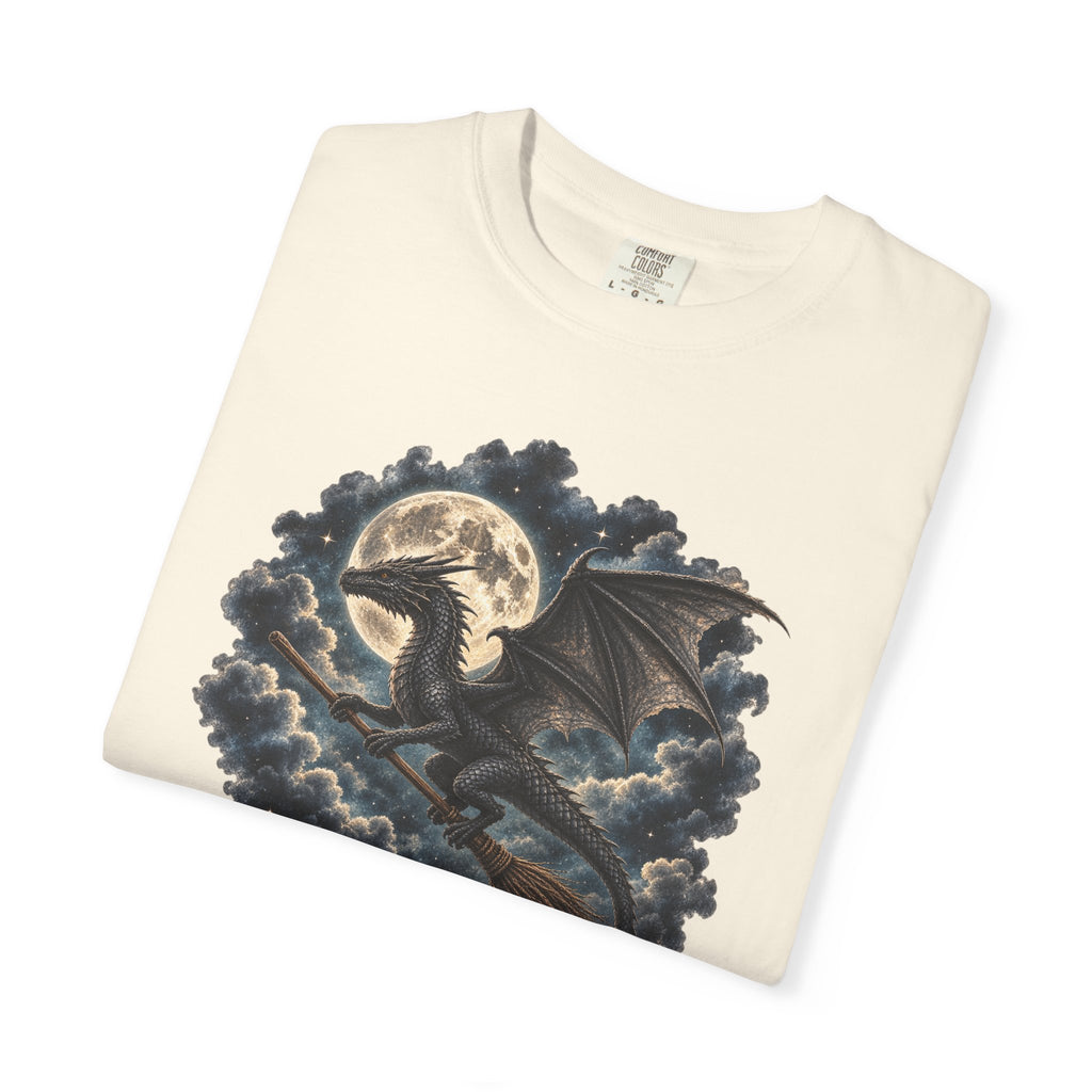 Dragon Riding a Witches Broom Moon Fantasy Comfort Colors Tee