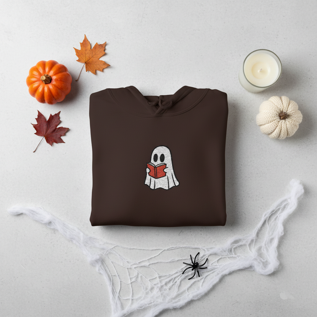 A folded dark brown hoodie with a cute ghost graphic reading a red book, styled in a flat lay with autumn leaves, pumpkins, a spider, and a candle on a light gray surface.