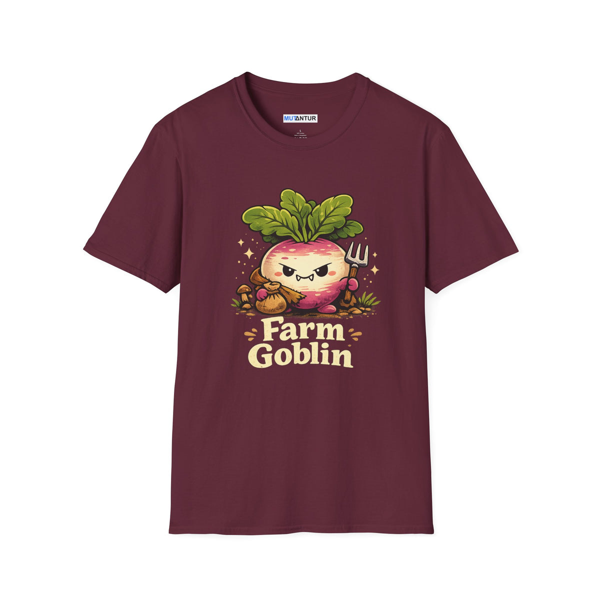Grumpy Turnip Farm Goblin graphic tee in maroon, front view flat mockup