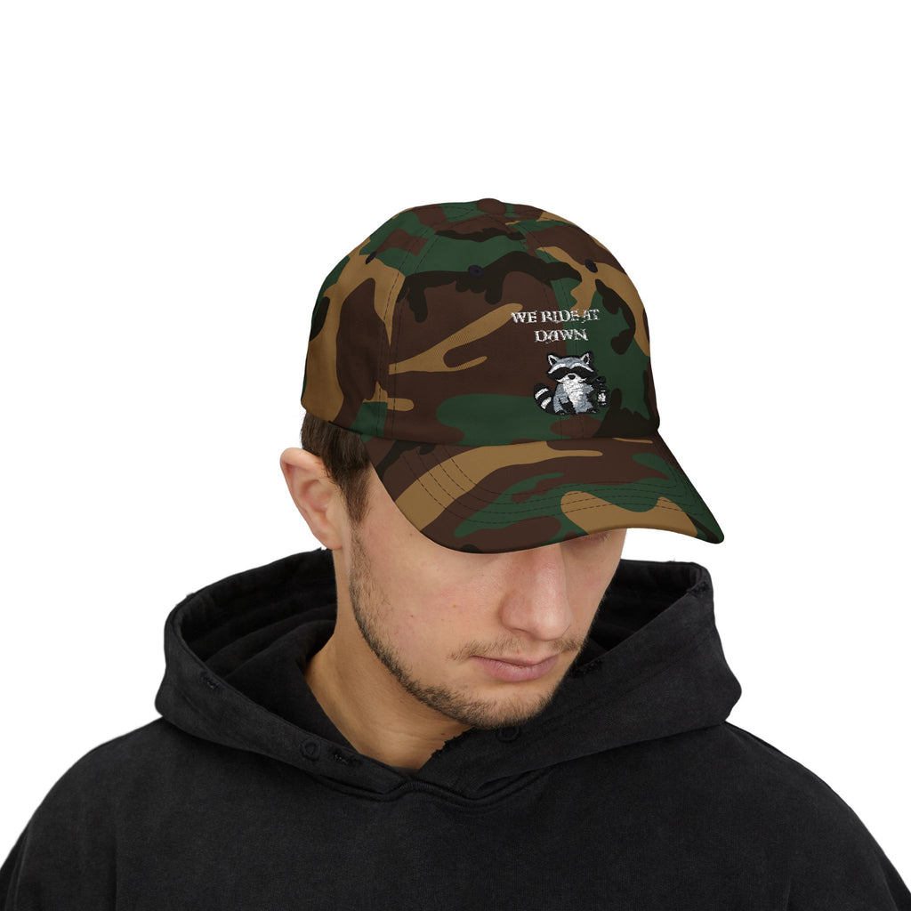 Raccoon Holding Lamp We Ride At Dawn Dad Cap | Classic Fantasy embroidered Baseball Hat - Mutantur Labs LLC
