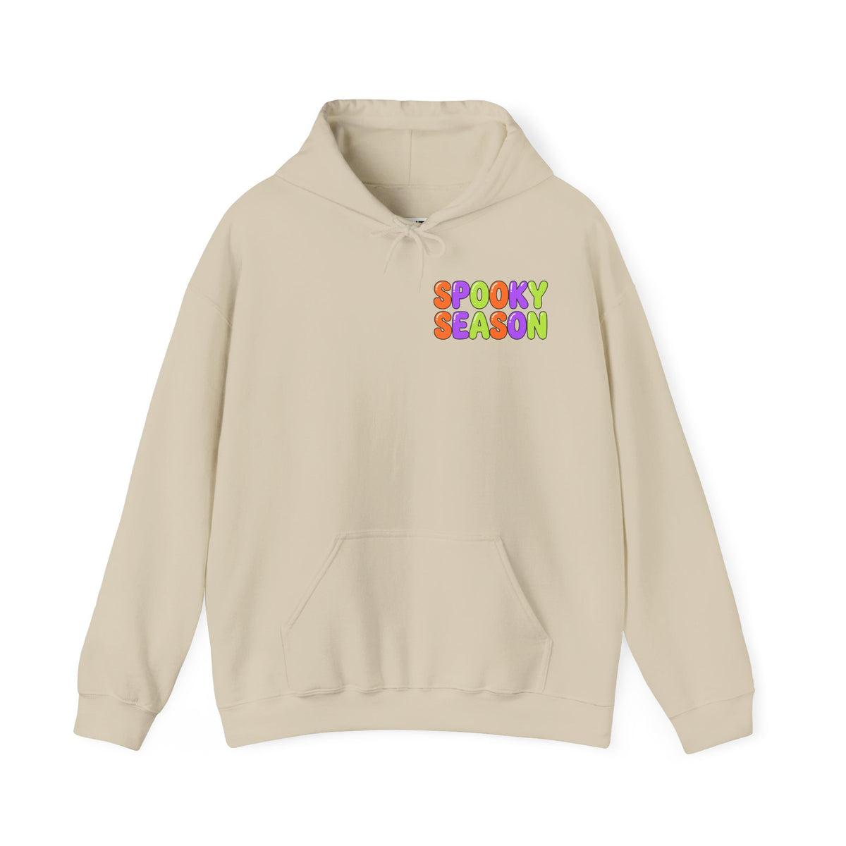 A beige pullover hoodie with a colorful graphic on the chest that reads 'SPOOKY SEASON' in a rainbow gradient font, displayed against a solid white background.