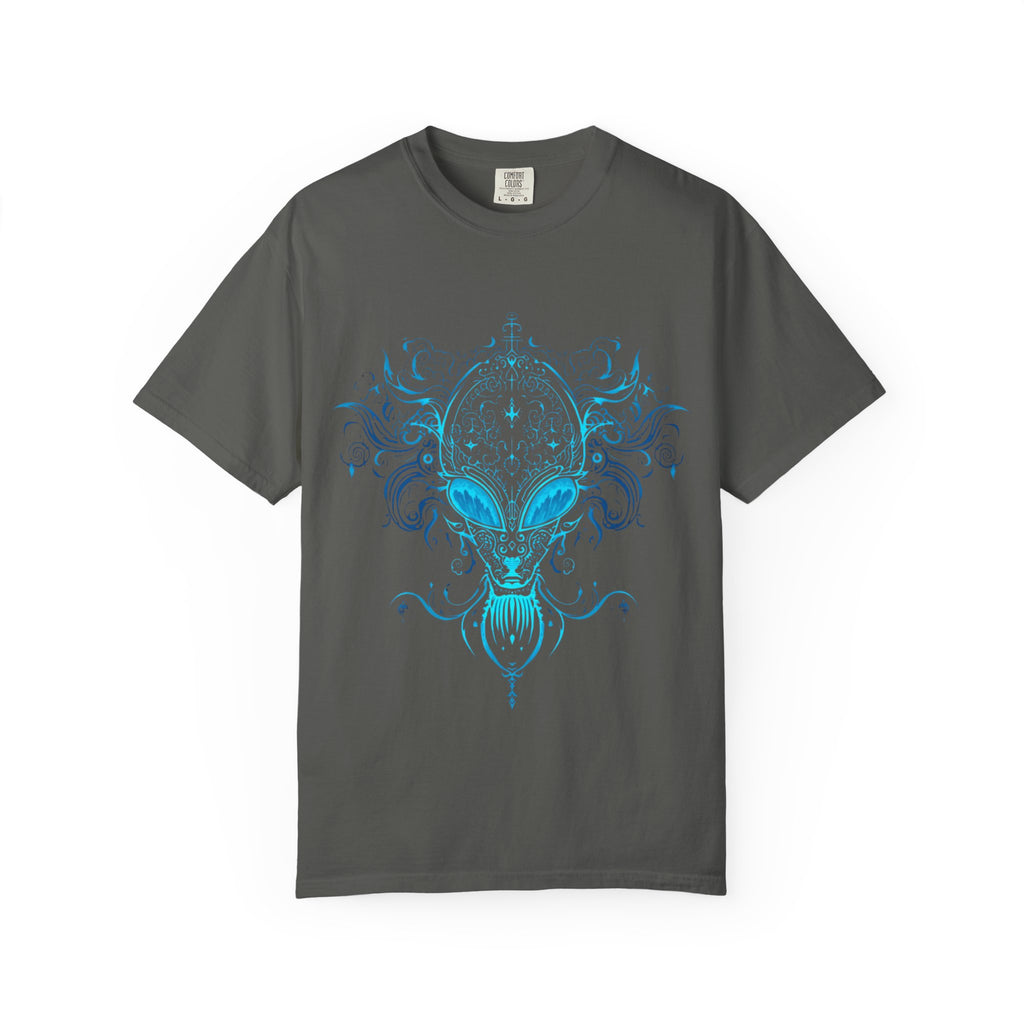 Ornate Blue Alien Mask T-Shirt | Chinoiserie Mystical Graphic Tee - Mutantur Labs LLC