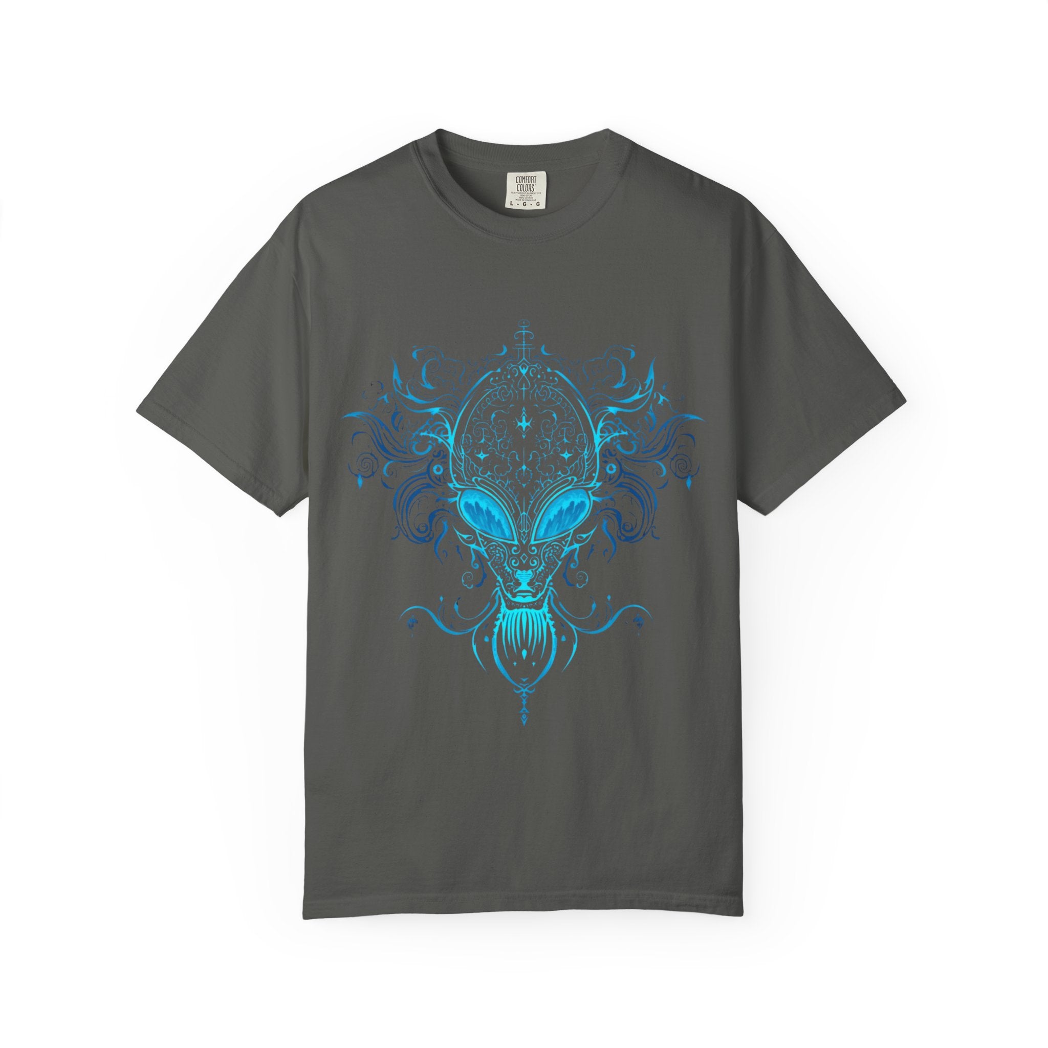 Ornate Blue Alien Mask T-Shirt | Chinoiserie Mystical Graphic Tee - Mutantur Labs LLC