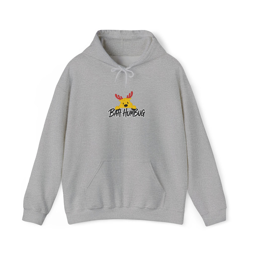 A grey pullover hoodie with a front kangaroo pocket and drawstring hood, featuring a small graphic of a reindeer with red antlers and the text 'BAH HUMBUG' printed on the chest.